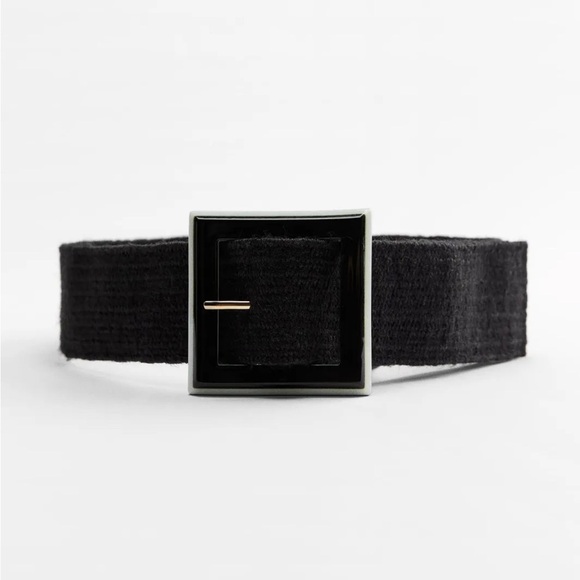 ?NWT. Zara Black Jute Belt with Rectangular Acetate Effect Buckle. Size 30. main image 5